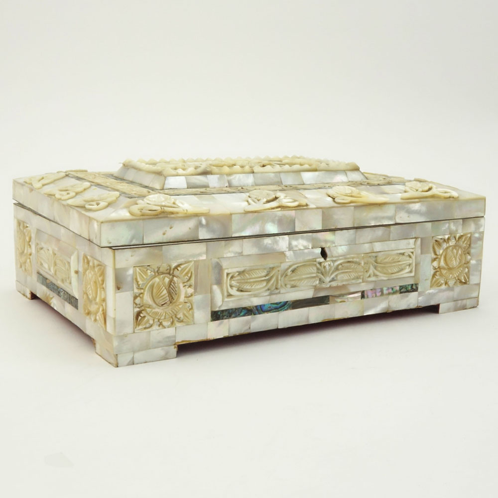 Vintage Carved Inlaid Mother of Pearl and Abalone Dresser Box