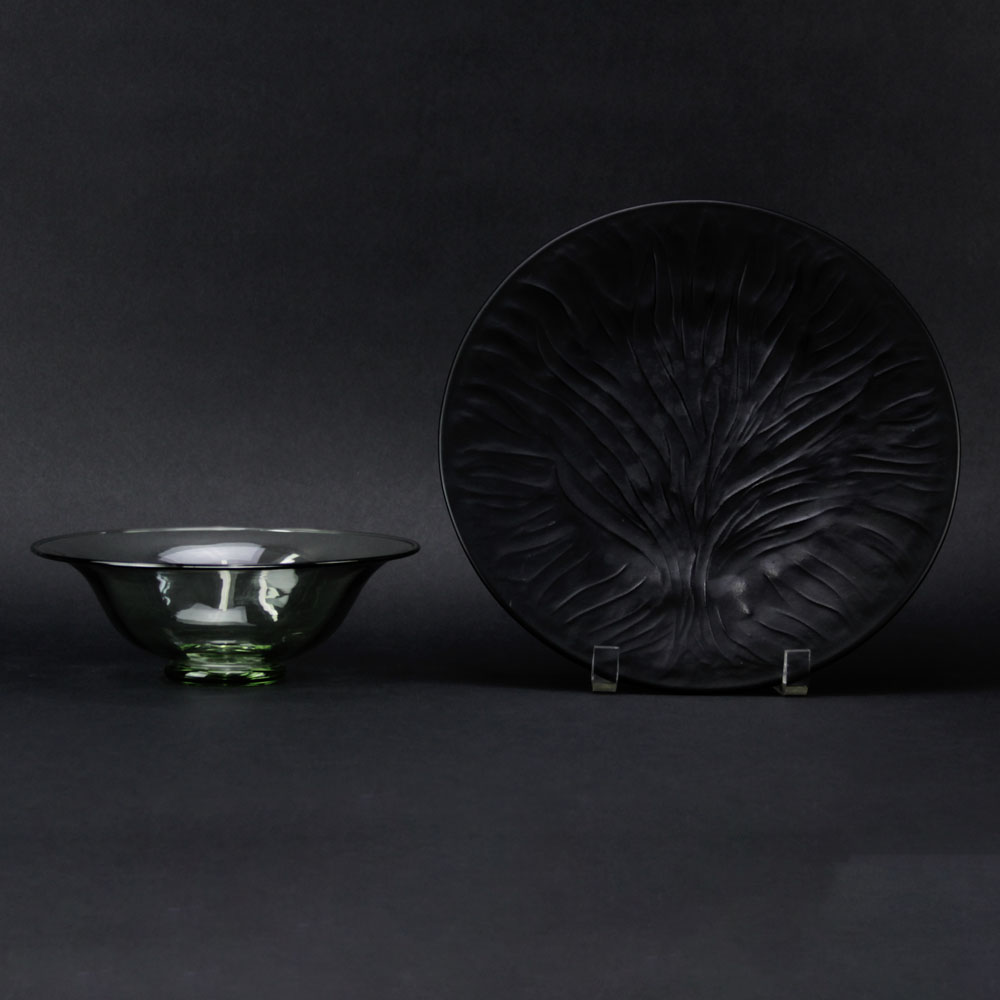 Lalique Black Glass "Algues/Tree of Life" Plate and a studio glass bowl