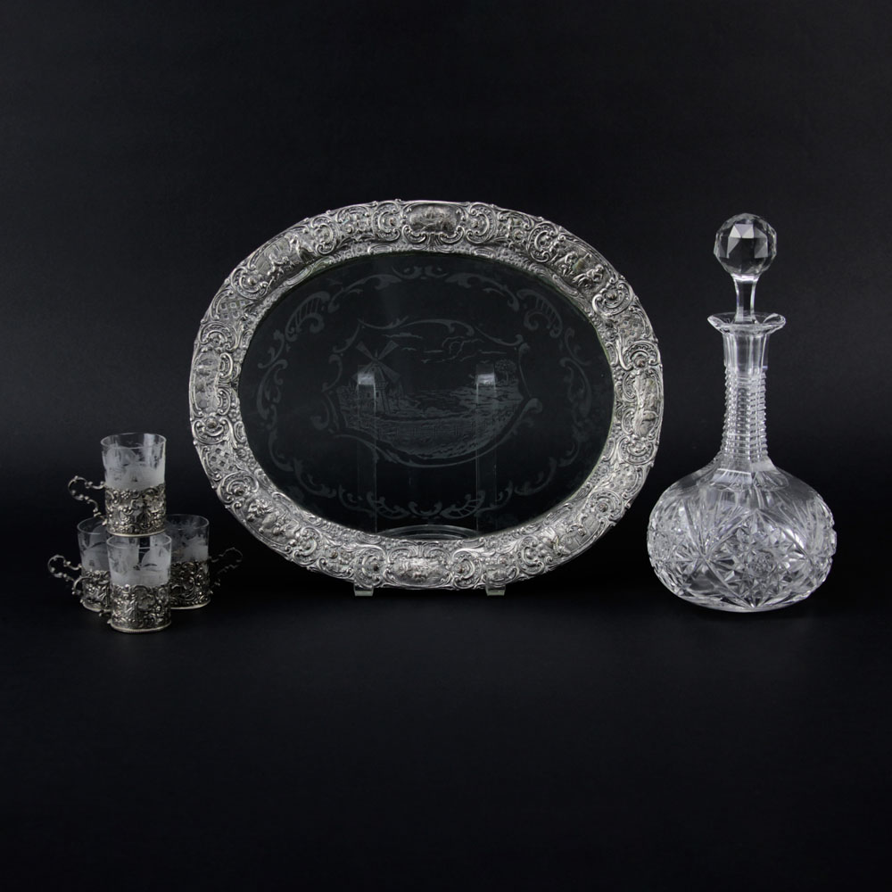 Antique Cut Crystal Decanter on Silver Plate and Glass Tray With 4 Small Glasses