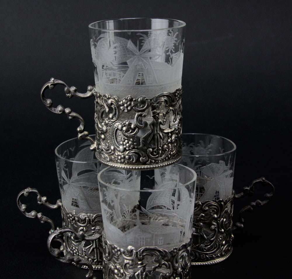 Antique Cut Crystal Decanter on Silver Plate and Glass Tray With 4 Small Glasses
