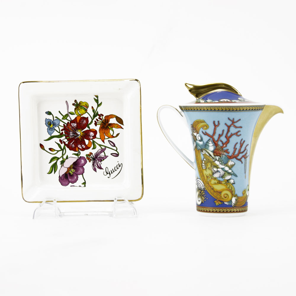 Two (2) Piece Designer Lot. Includes a small Versace pitcher 5-1/2" H; Gucci ashtray 5" square