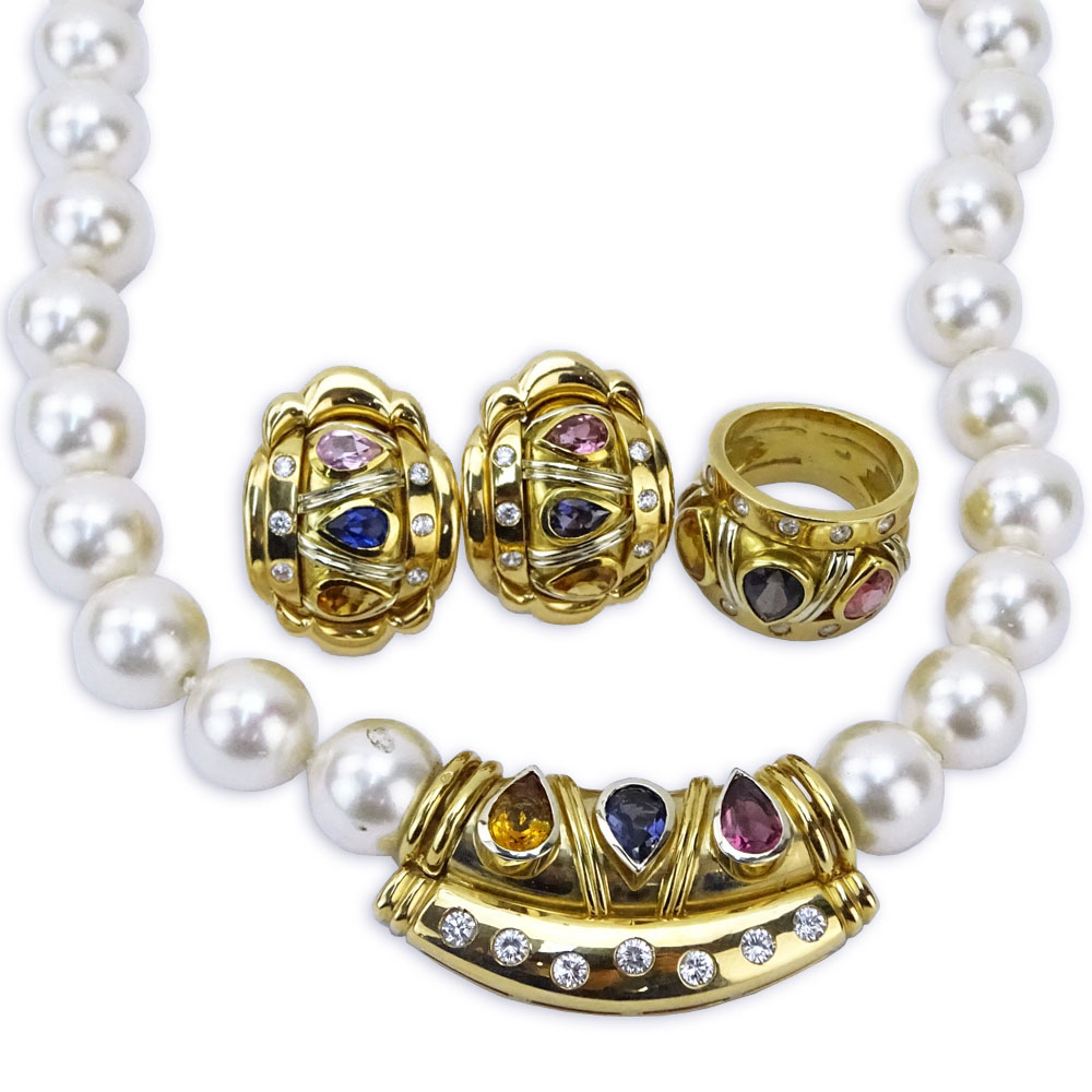 Vintage Bulgari style 18 Karat Yellow Gold, Round Brilliant Cut Diamond and Gemstone Suite Including Ring, Earclips and South Sea Pearl Necklace. 