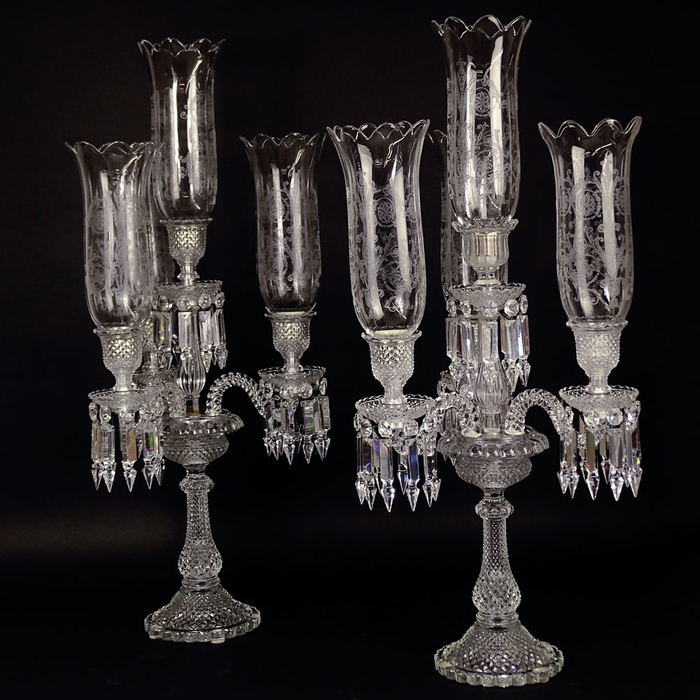 Pair of Baccarat 3 Light Glass Girandole Table Candelabras with Hanging Prisms and Etched Hurricane Shades