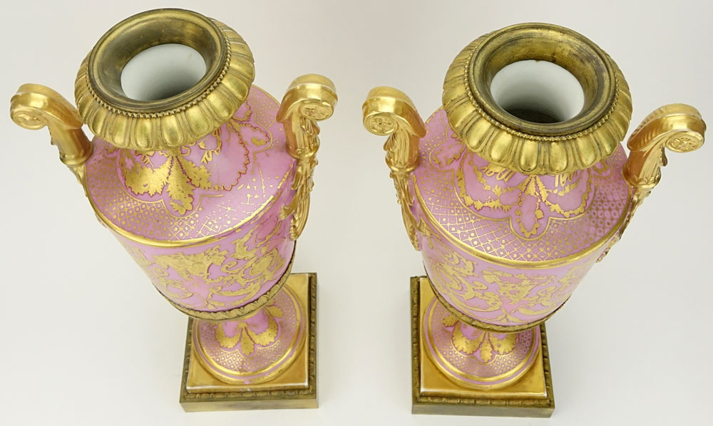 Pair 19/20th Century Serves Porcelain Bronze Mounted and Gilt Decorated Urns