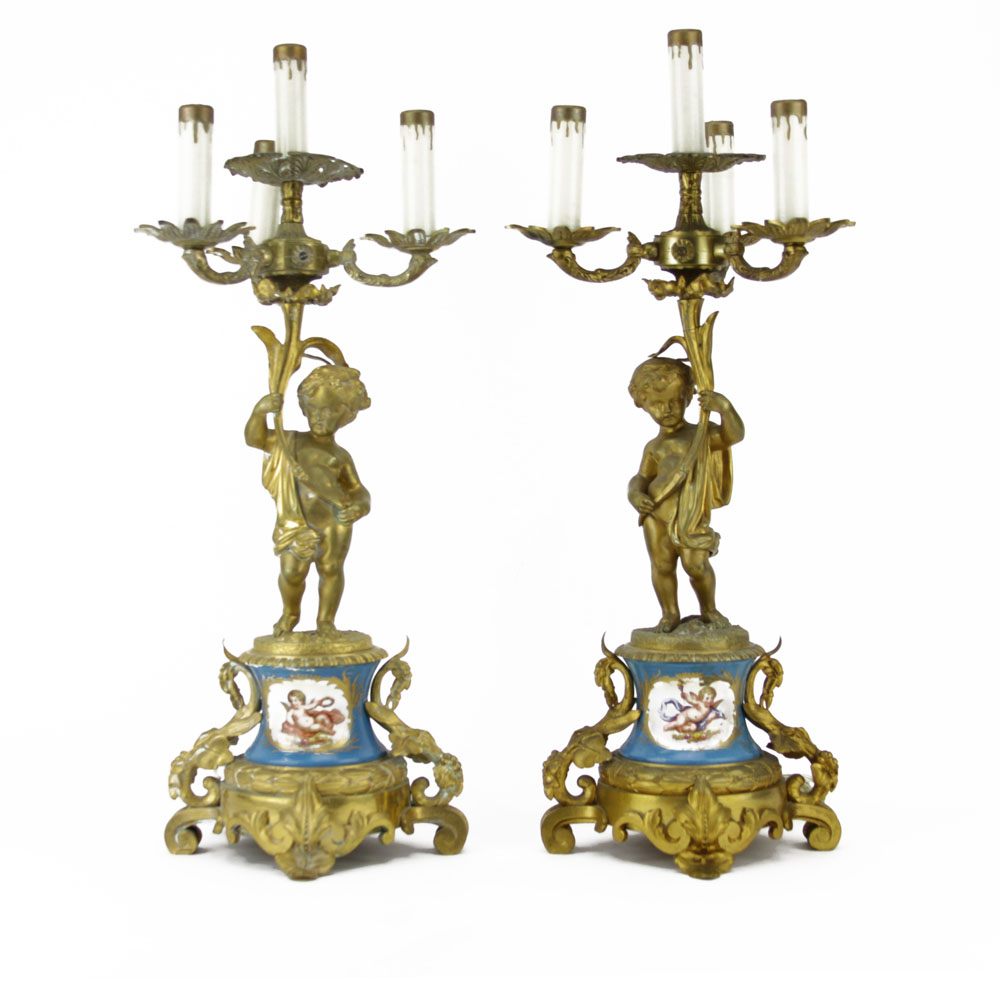 Pair Antique Sevres Style Gilt Bronze and Porcelain Figural Candelabra
