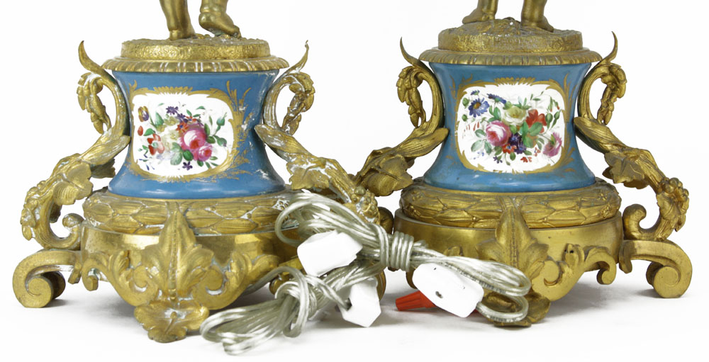 Pair Antique Sevres Style Gilt Bronze and Porcelain Figural Candelabra