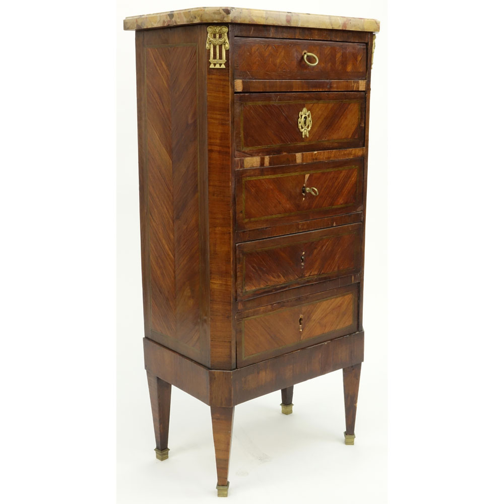 Small French 19th Century Inlaid Chest of Drawers with Breche d'Alep Marble Top and Bronze Mounts