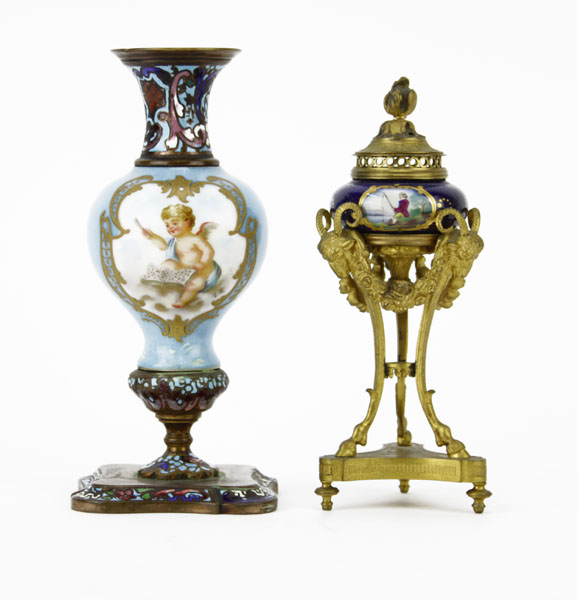 Pair of Antique Sevres Style Porcelain and Bronze Miniature Vases.