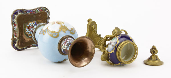 Pair of Antique Sevres Style Porcelain and Bronze Miniature Vases.