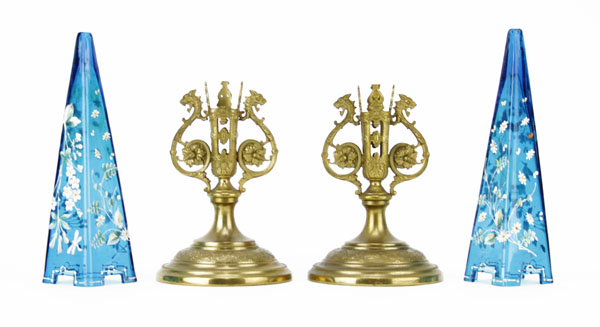 Pair Moser Enameled Glass Vases in Bronze Mounts