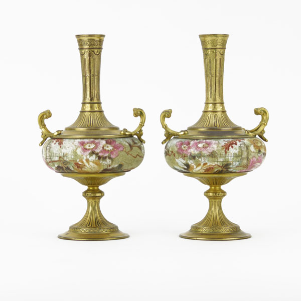 Pair 19/20th Century Tapestry Bronze Vase, Possibly Royal Bonn or Fischer