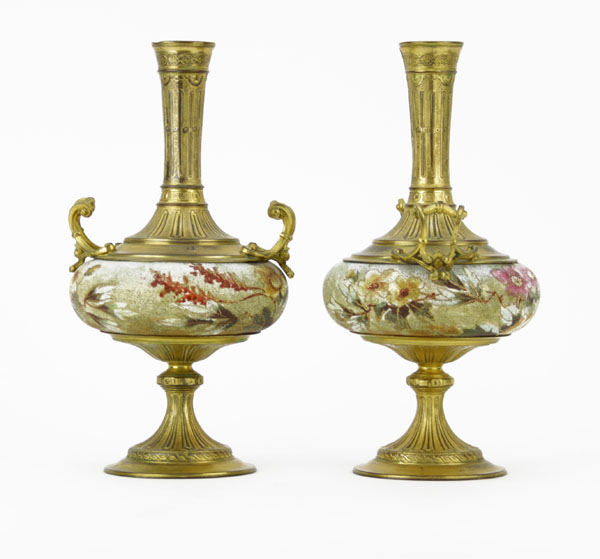 Pair 19/20th Century Tapestry Bronze Vase, Possibly Royal Bonn or Fischer
