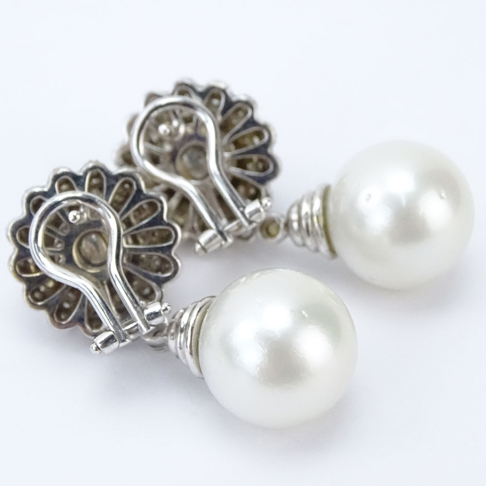 Pair of Lady's Vintage South Sea Pearl, Diamond and 18 Karat White Gold Pendant Earrings