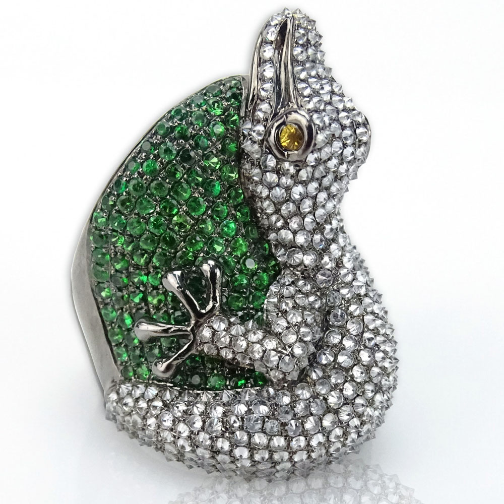 Designer Approx. 3.39 Carat Diamond, 3.78 Carat Green Garnet and 18 Karat White Gold Alligator Ring