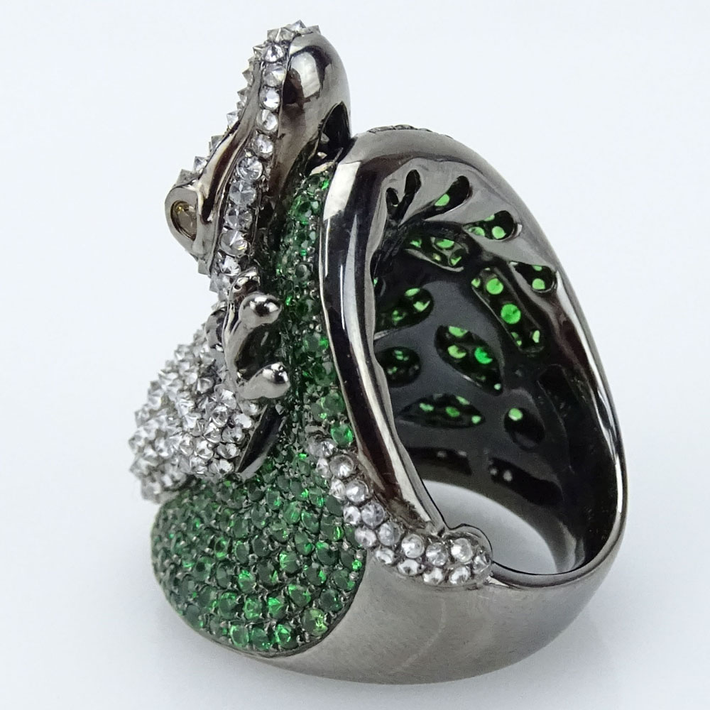 Designer Approx. 3.39 Carat Diamond, 3.78 Carat Green Garnet and 18 Karat White Gold Alligator Ring