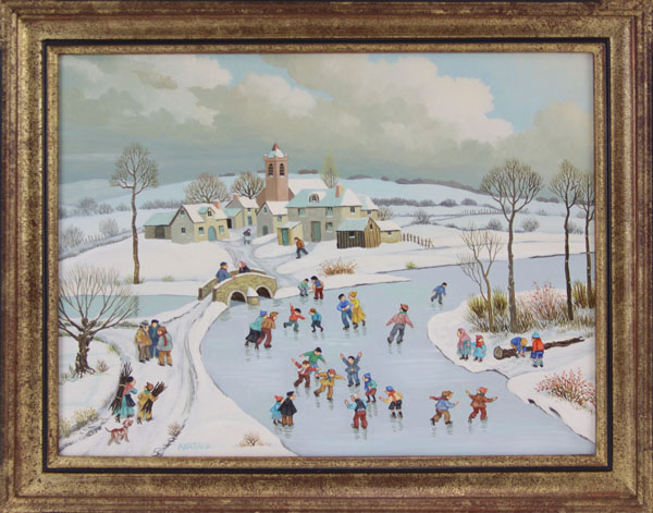 Jean Axatard, French (1931) Oil on canvas "Ice Skaters"