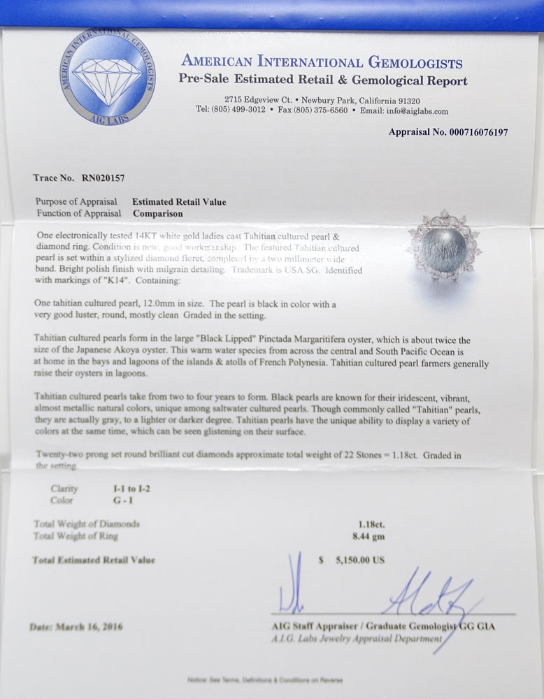 AIG Certified Tahitian Black Pearl, 1.18 Carat Round Brilliant Cut Diamond and 14 Karat White Gold Ring. 