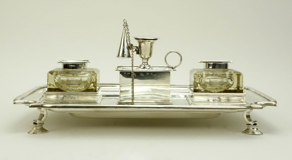 1920's English Silver Inkstand. Two glass ink bottles, candle holder, stamp box and snuffer.