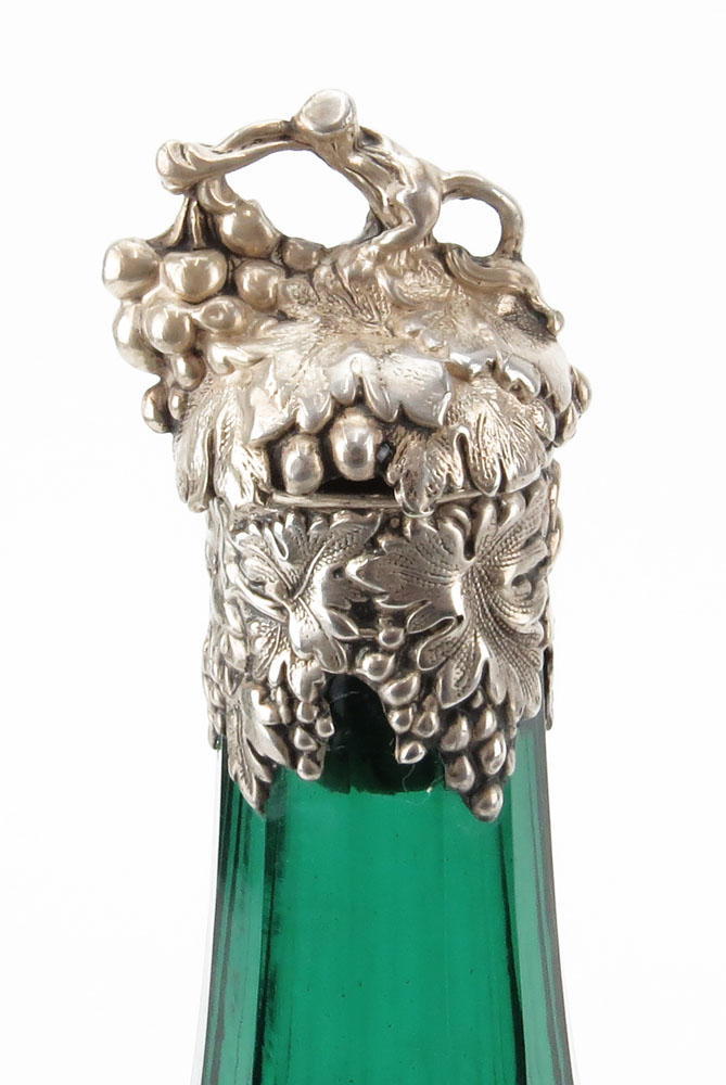 Antique Silver Plate and Emerald Green Decanter Set. Bottles with cut and polished bottles. Grape vine motif.