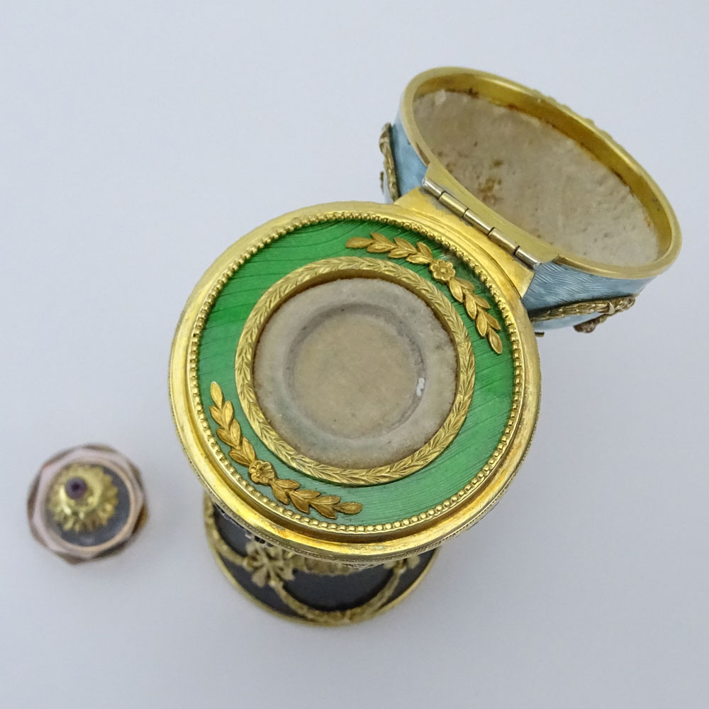 Early 20th Century Russian 88 Gilt Silver, Nephrite Jade, Guilloche Enamel Egg 