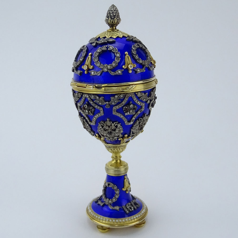Early 20th Century Russian 88 Gilt Silver and Enamel Egg Set
