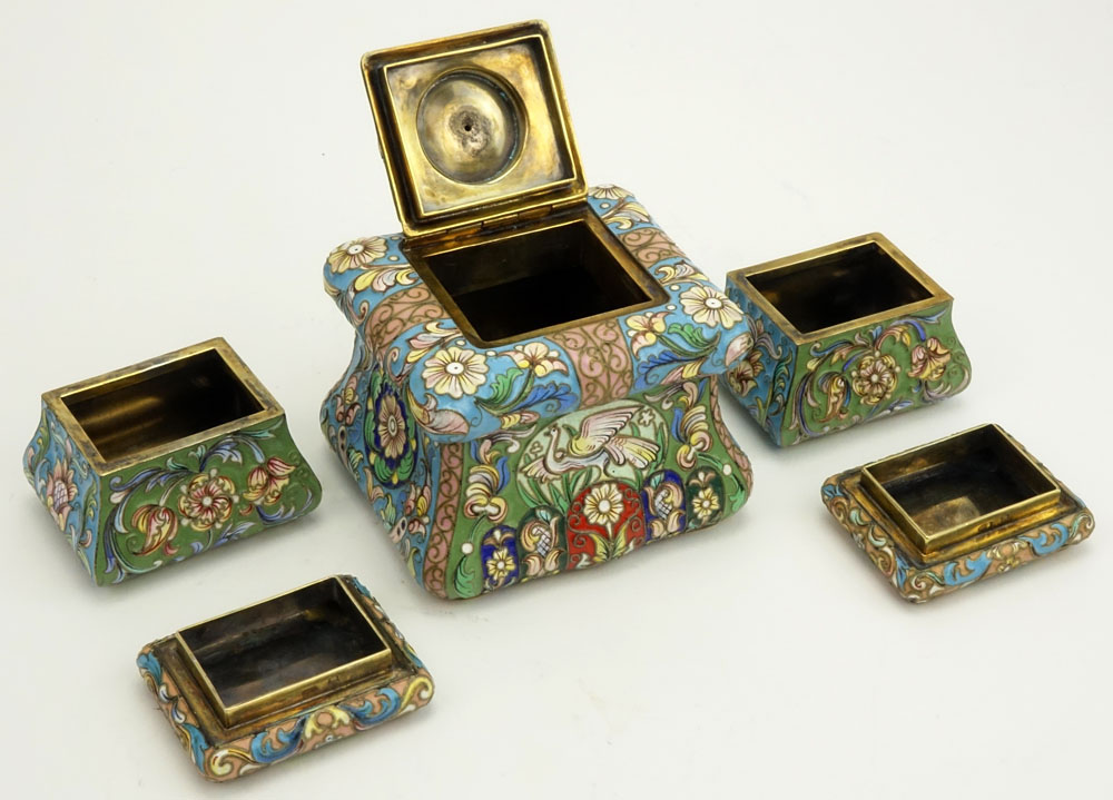 Large Early 20th Century Russian signed Feodor Ruckert Six (6) Part 88 Gilt Silver and Cloisonne Enamel Inkstand.
