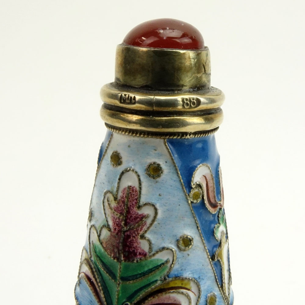 20th Century Russian 88 Silver and Cloisonne Enamel Large Scent Bottle with Carnelian topped Stopper.