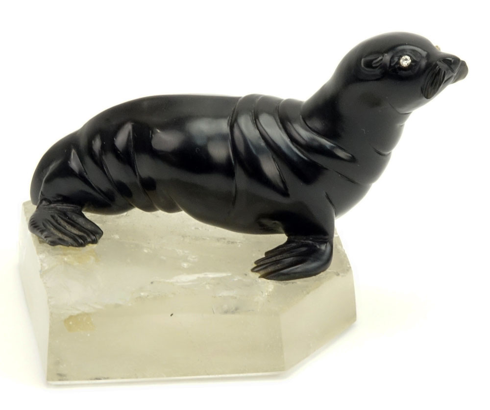 20th Century Russian Carved Obsidian Seal with Rose Cut Diamond Eyes on Carved Rock Crystal base.