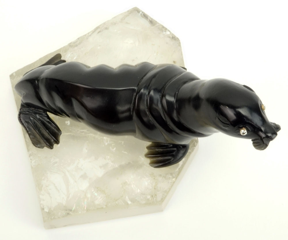 20th Century Russian Carved Obsidian Seal with Rose Cut Diamond Eyes on Carved Rock Crystal base.