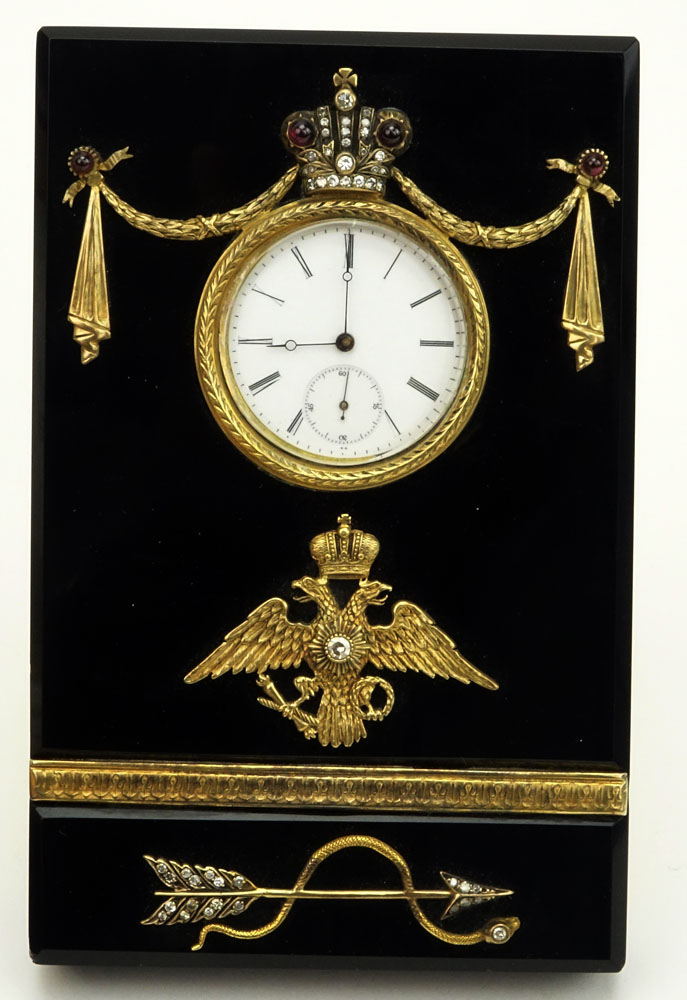 20th Century Russian 88 Gilt Silver Mounted Black Onyx Desk Clock accented with Rose Cut Diamonds and Cabochon Garnets in fitted box