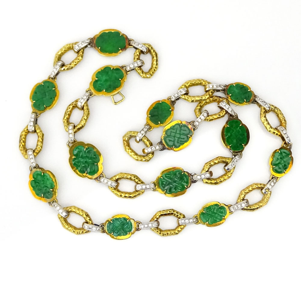 Vintage Carved Green Jadeite and 18 Karat Yellow Gold Necklace