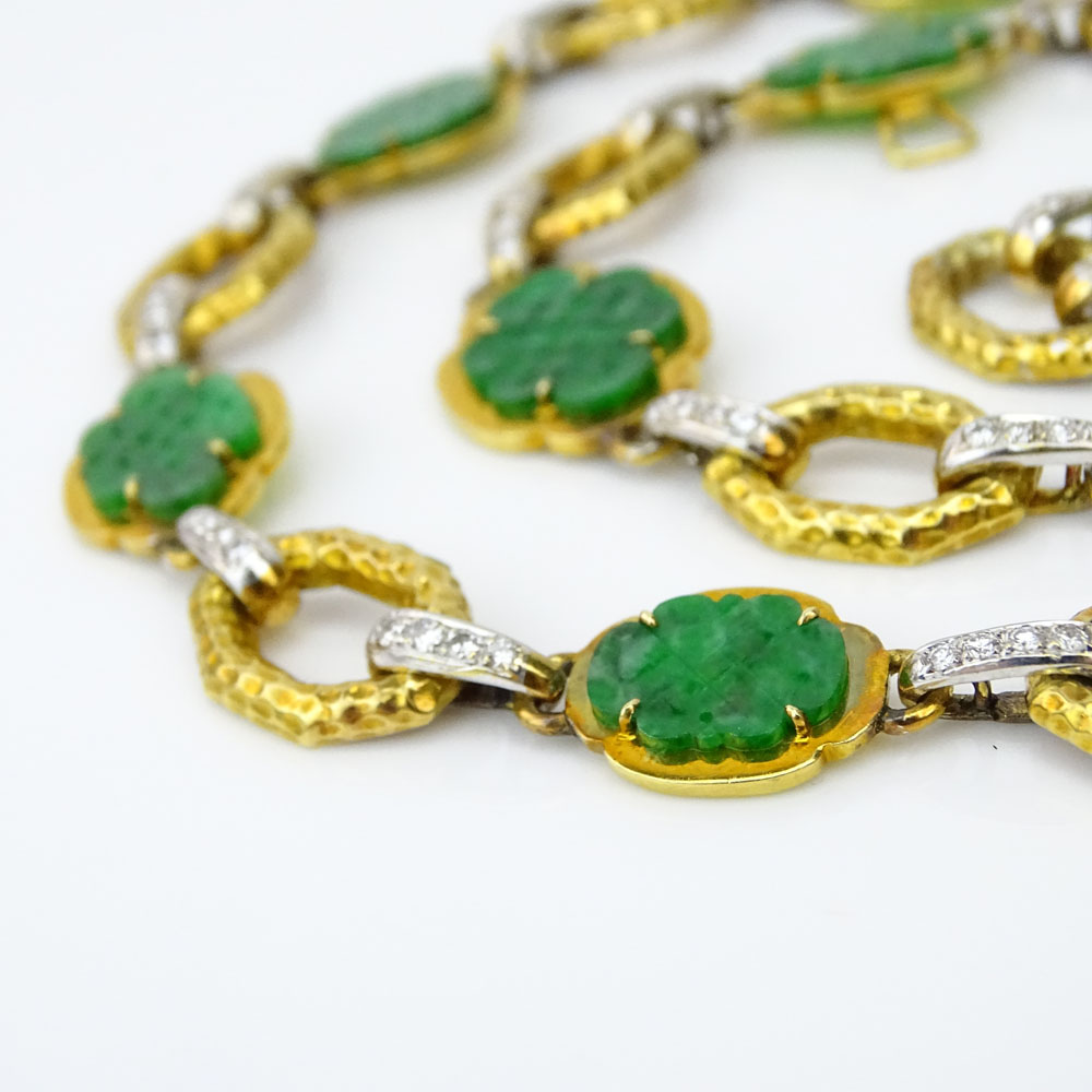 Vintage Carved Green Jadeite and 18 Karat Yellow Gold Necklace