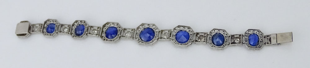French Art Deco Approx. 42.0 Carat Natural Unheated Oval and Round Cut Sapphire, 7.50 Carat Old European Cut Diamond and Platinum Bracelet