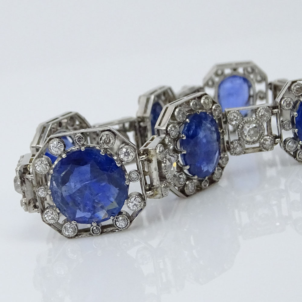 French Art Deco Approx. 42.0 Carat Natural Unheated Oval and Round Cut Sapphire, 7.50 Carat Old European Cut Diamond and Platinum Bracelet