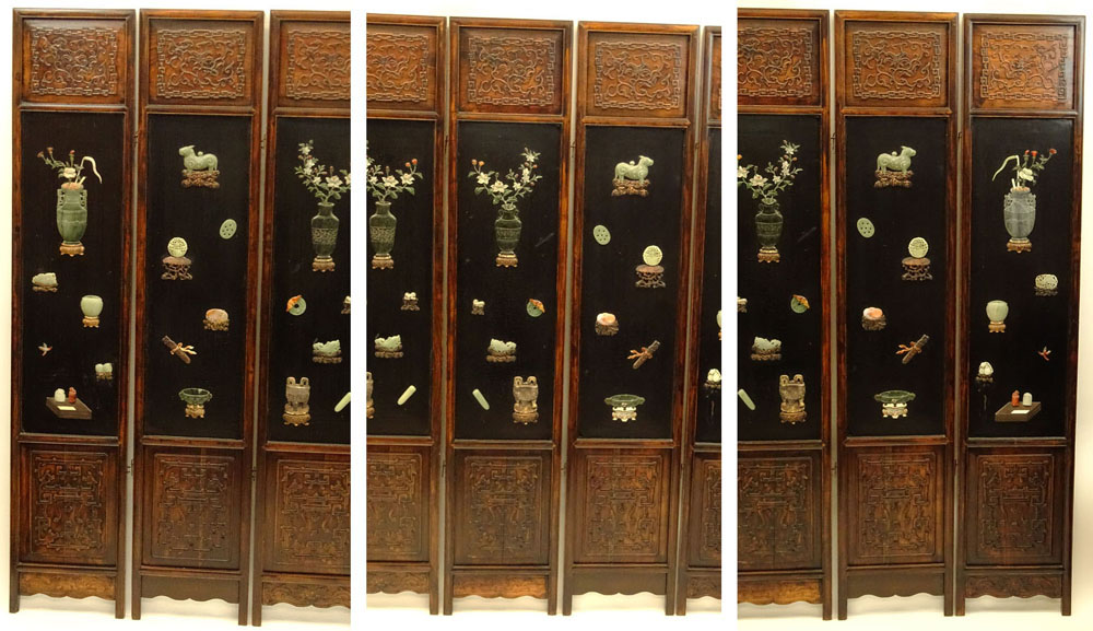 Chinese Qing Dynasty, 19th Century Jade and Hardstone-Inlaid Carved and Lacquer Hardwood Six Panel Screen. 