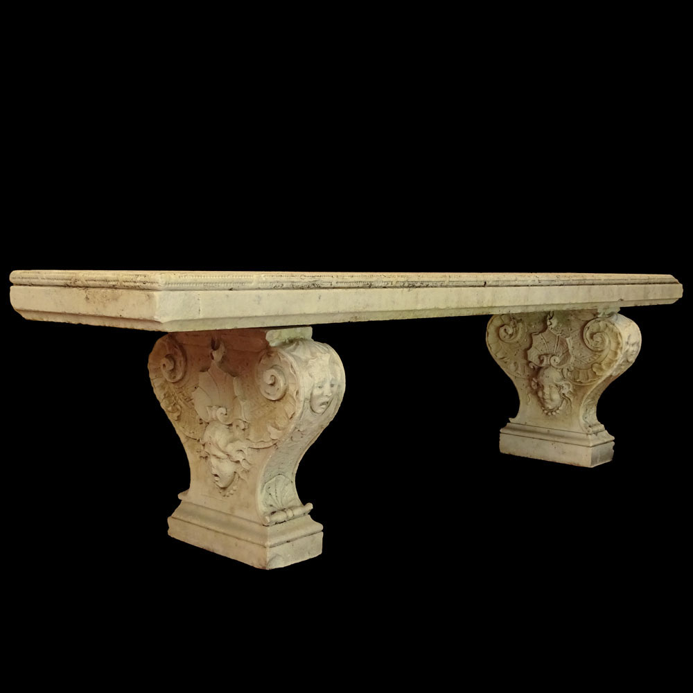 19th Century Carved Carrera Marble Garden Bench. Figural Design. Typical Losses and weathering from age and exposure