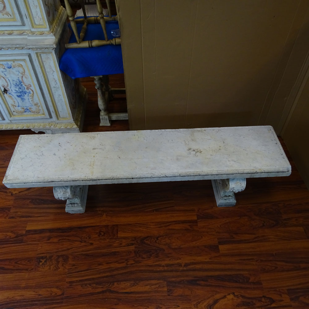 19th Century Carved Carrera Marble Garden Bench. Figural Design. Typical Losses and weathering from age and exposure