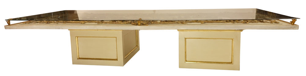 Large 18/19th Century Louis XVI Carved, Painted and Parcel Gilt Boisserie Panel now mounted as a cocktail table top. 