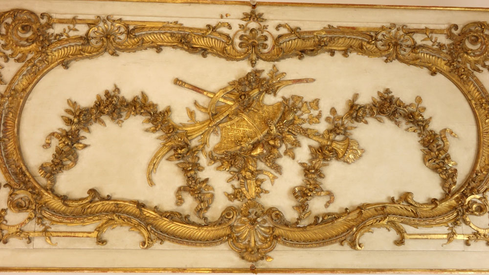 Large 18/19th Century Louis XVI Carved, Painted and Parcel Gilt Boisserie Panel now mounted as a cocktail table top. 