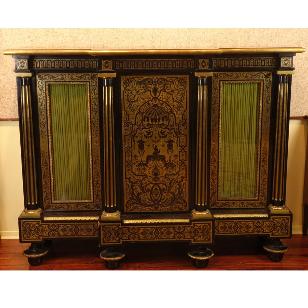 Large and Fine Quality 19th Century Chinoserie Motif Bronze Mounted Boulle Work Three Door Cabinet.