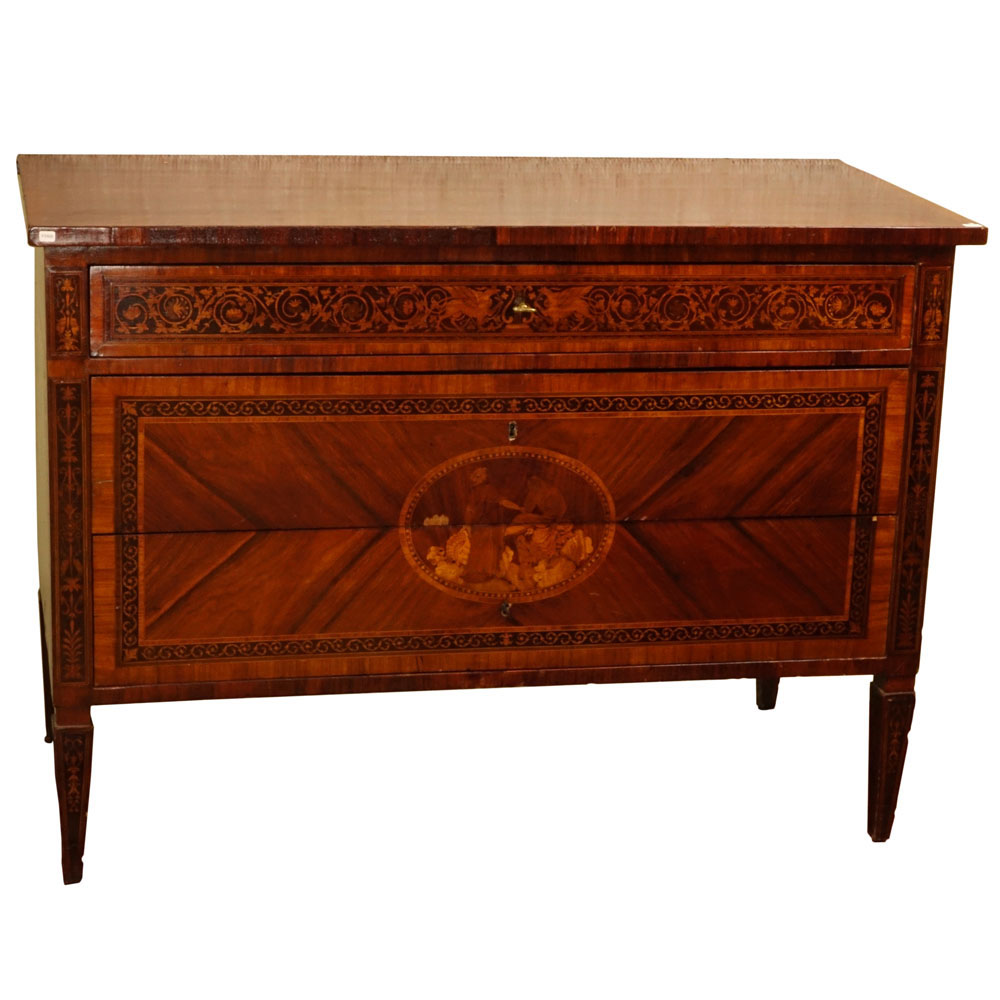 19th Century Italian Marquetry Inlaid Fruitwood Commode.