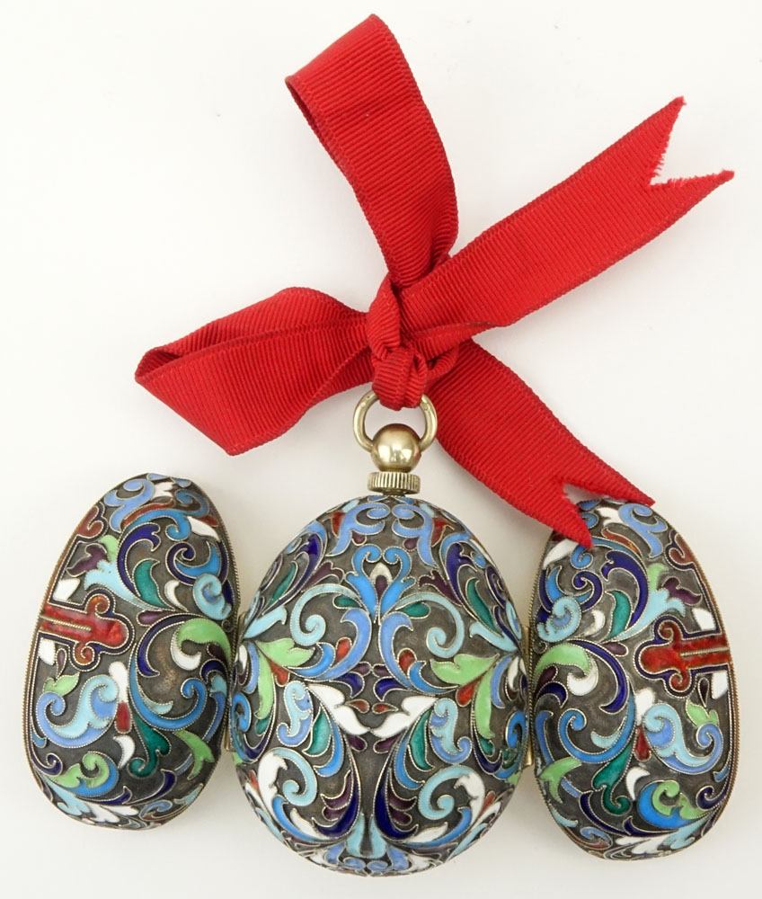 20th Century 88 Silver and Cloisonne Enamel Egg which opens to Painted Icon.