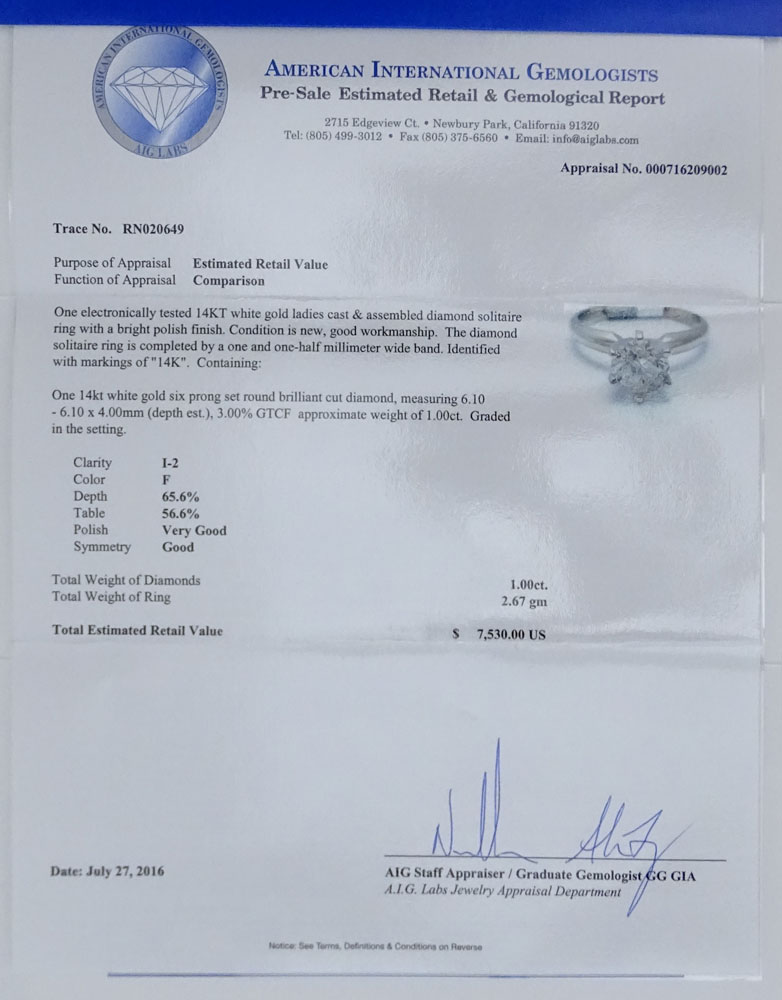 AIG Certified 1.00 Carat Round Brilliant Cut Diamond and 14 Karat White Gold Engagement Ring.