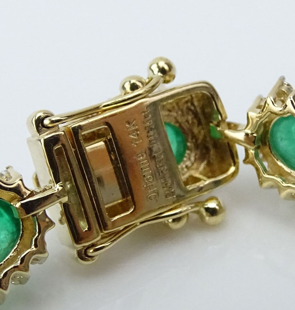 AIG Certified 16.93 Carat Oval Cabochon Cut Emerald, 1.35 Carat Round Brilliant Cut Diamond and 14 Karat Yellow Gold Bracelet. 