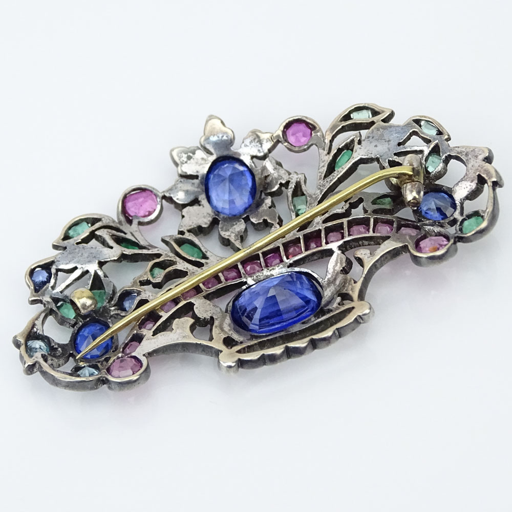 Antique Natural Ruby, Natural Emerald, Synthetic Sapphire and Silver Brooch.