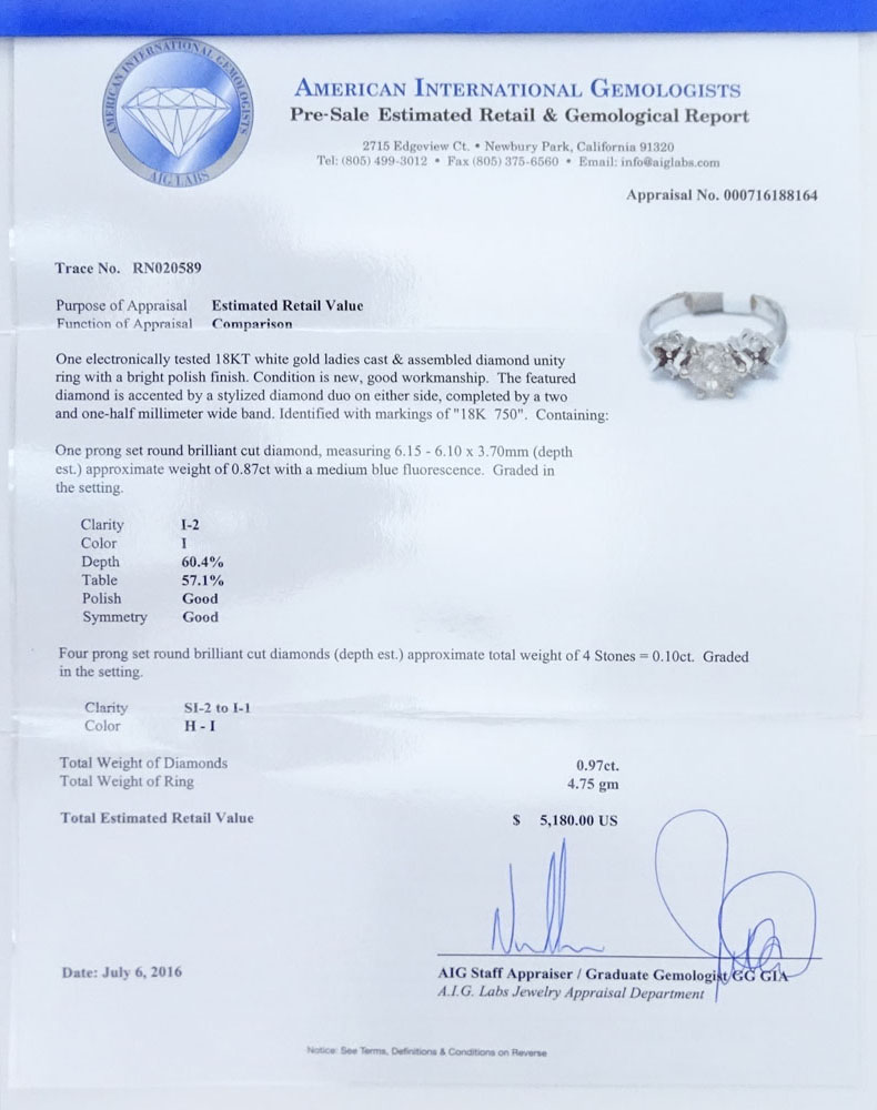 AIG Certified .87 carat Round Brilliant Cut Diamond and 18 Karat White Gold Engagement Ring