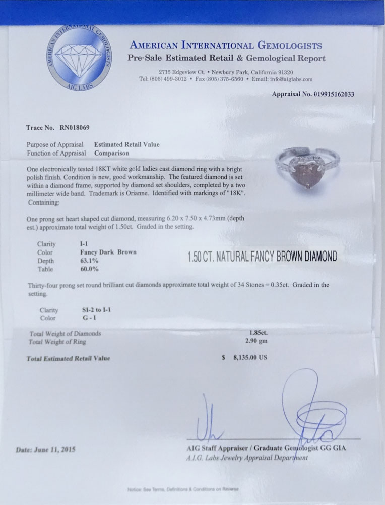 AIG Certified 1.50 Carat Heart Shape Fancy Dark Brown Diamond, .35 carat Round Brilliant Cut Diamond and 18 Karat White Gold Ring. 