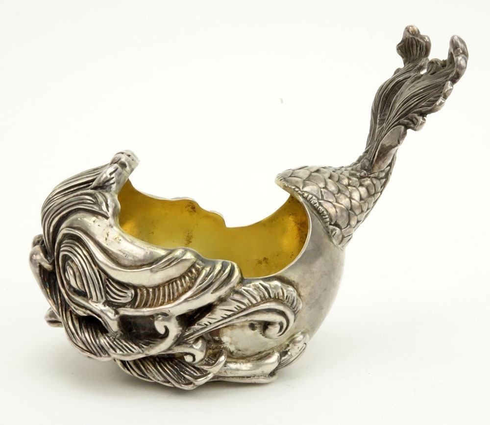 20th Century Russian 84 Silver Figural Dolphin Kovsh with Cabochon Garnet Nose.