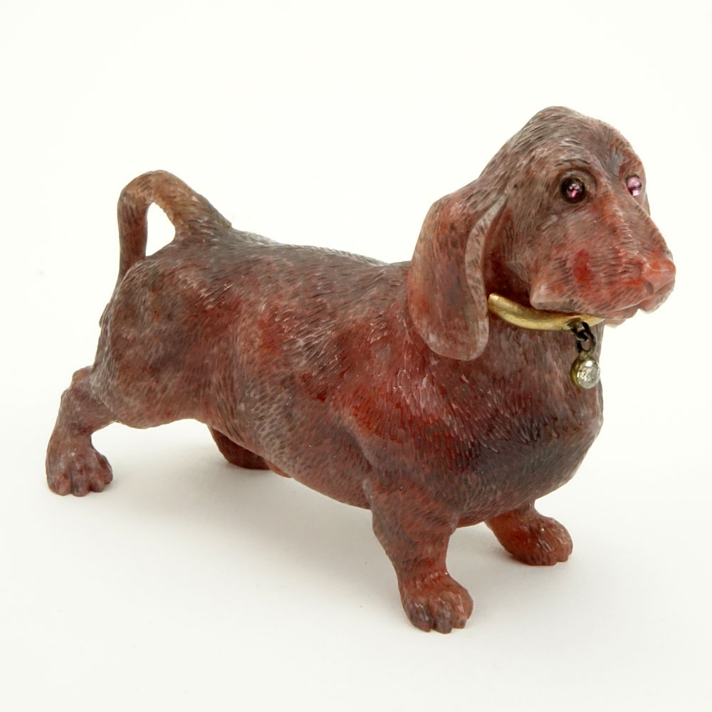 Early 20th Century Russian Carved Rhodonite Bassett Hound Figure with 56 Gold (14k) Collar in fitted box