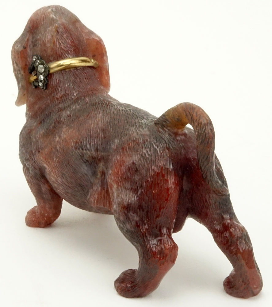 Early 20th Century Russian Carved Rhodonite Bassett Hound Figure with 56 Gold (14k) Collar in fitted box